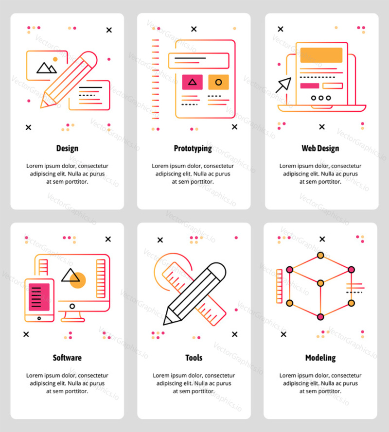 Vector set of mobile app onboarding screens. Design, Prototyping, Web Design, Software, Tools, Modeling web templates and banners. Thin line art style design icons for website menu.