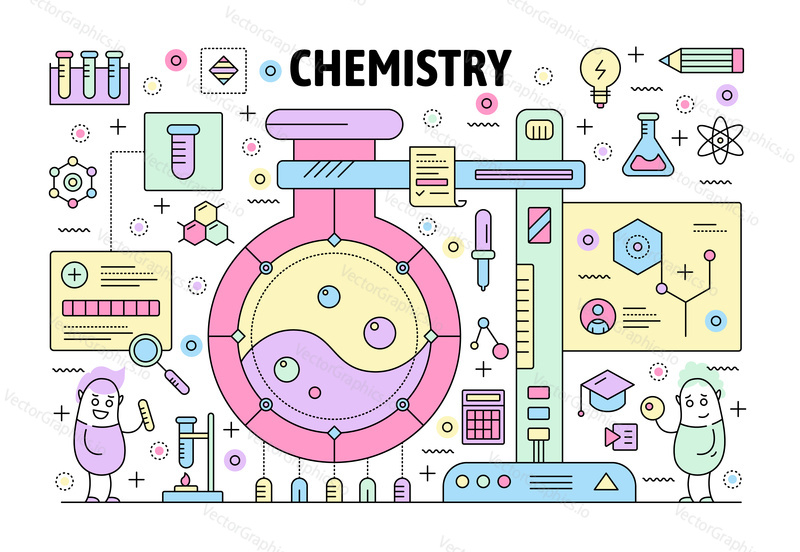 Chemistry poster banner template. Vector thin line art flat style design elements, symbols, icons for website banners and printed materials.