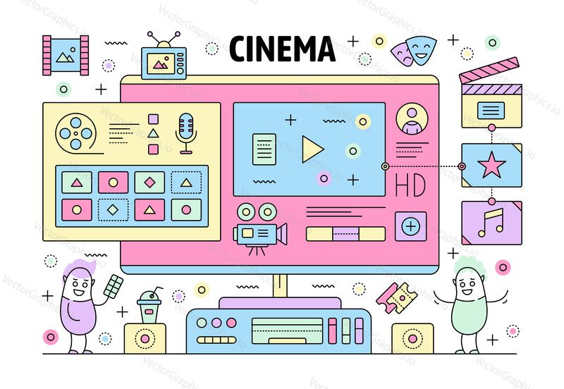 Cinema poster banner template. Vector thin line art flat style design elements, symbols, icons for website banners and printed materials.