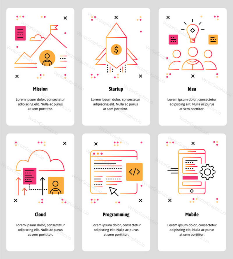 Vector set of mobile app onboarding screens. Mission, Startup, Idea, Cloud, Programming, Mobile web templates and banners. Thin line art style design icons for website menu.