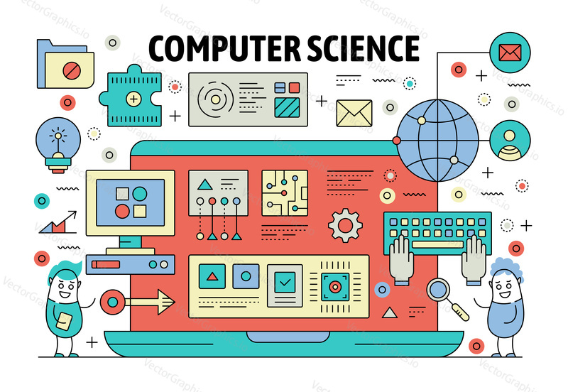 Computer science poster banner template. Information technology, machine learning process design elements. Vector thin line art flat style symbols, icons for website banners and printed materials.