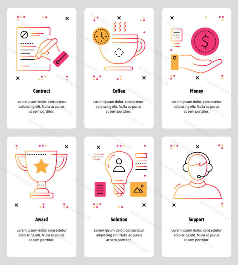 Vector set of mobile app onboarding screens. Contract, Coffee, Money, Award, Solution, Support web templates and banners. Thin line art style design icons for website menu.