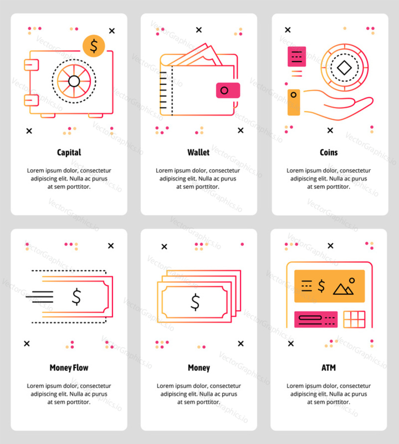 Vector set of mobile app onboarding screens. Capital, Wallet, Coins, Money Flow, Money, ATM web templates and banners. Thin line art style design icons for website menu.