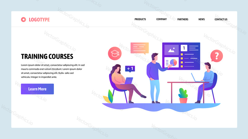 Vector web site design template. Business meeting and presentation. Training course with tutor. Landing page concepts for website and mobile development. Modern flat illustration