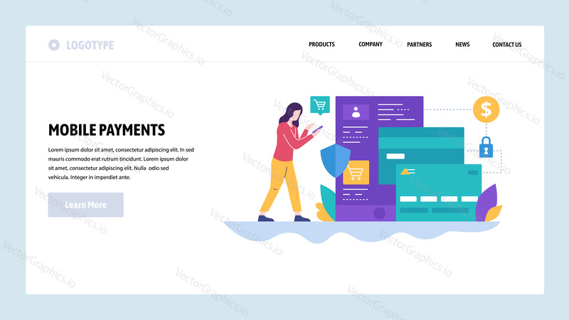 Vector web site design template. Online shopping and mobile phone secure payments. Landing page concepts for website and mobile development. Modern flat illustration