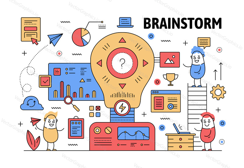 Brainstorm poster banner template. Vector thin line art flat style design with office workers funny cartoon characters, business symbols, icons for website banners and printed materials.