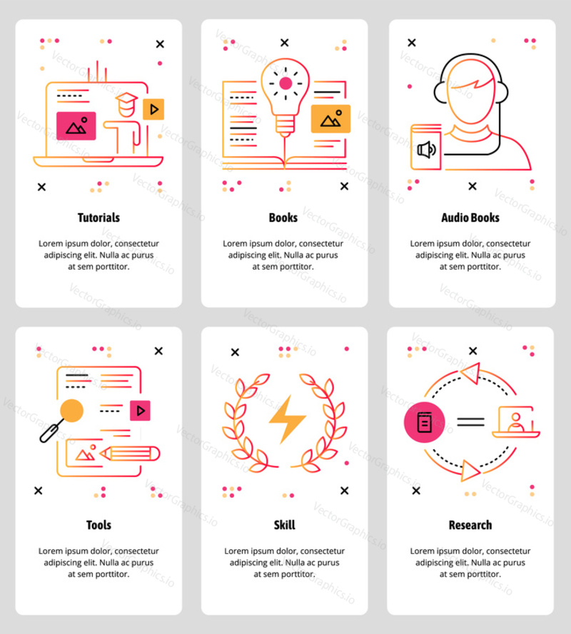Vector set of mobile app onboarding screens. Tutorials, Books, Audio Books, Tools, Skill, Research web templates and banners. Thin line art style design icons for website menu.