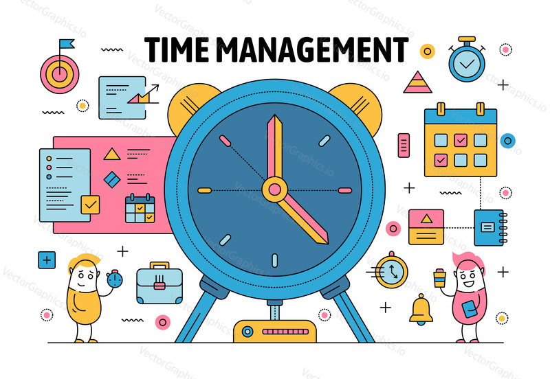 Time management poster banner template. Vector thin line art flat style design with office workers funny cartoon characters, business symbols, icons for website banners and printed materials.