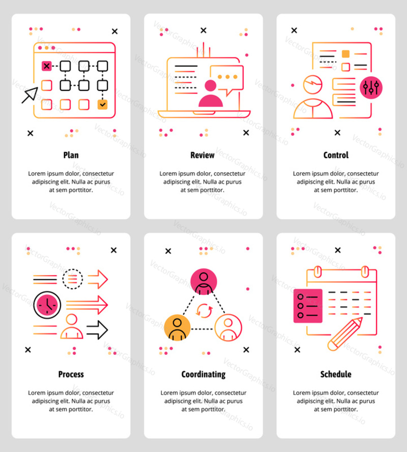 Vector set of mobile app onboarding screens. Plan, Review, Control, Process, Coordinating, Schedule web templates and banners. Thin line art style design icons for website menu.