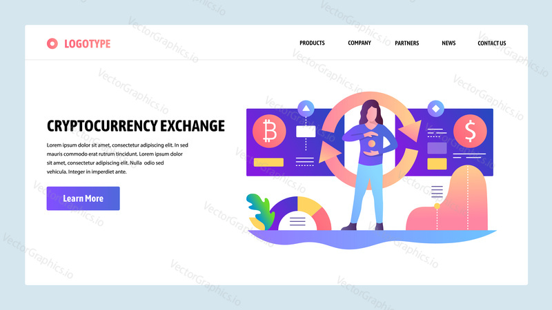 Vector web site design template. Cryptocurrency exchange, bitcoin dollar rate. Landing page concepts for website and mobile development. Modern flat illustration