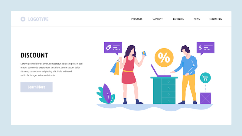 Vector web site design template. Shopping, sale and discount. Purchase, payment. Landing page concepts for website and mobile development. Modern flat illustration