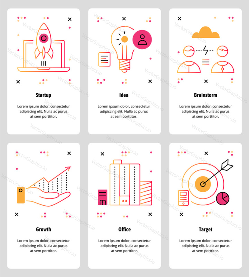 Vector set of mobile app onboarding screens. Startup, Idea, Brainstorm, Growth, Office, Target web templates and banners. Thin line art style design icons for website menu.