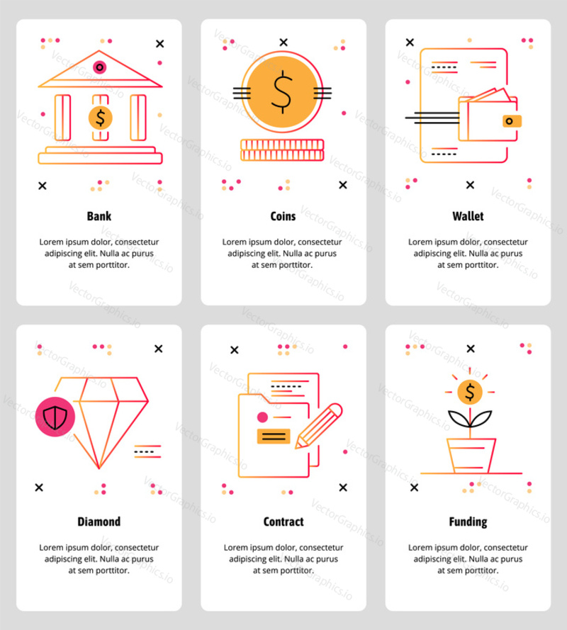 Vector set of mobile app onboarding screens. Bank, Coins, Wallet, Diamond, Contract, Funding web templates and banners. Thin line art style design icons for website menu.