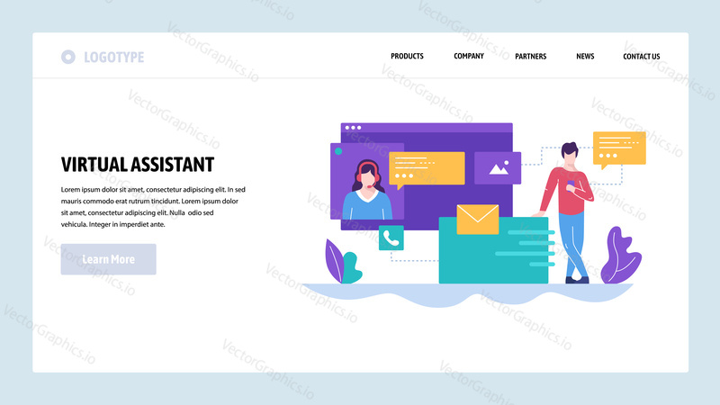 Vector web site design template. Online customer support, personal AI virtual assistant, internet IVR chat bot. Landing page concepts for website and mobile development. Modern flat illustration