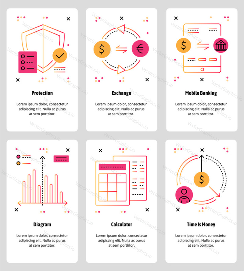 Vector set of mobile app onboarding screens. Protection, Exchange, Mobile Banking, Diagram, Calculator, Time is Money web templates and banners. Thin line art style design icons for website menu.