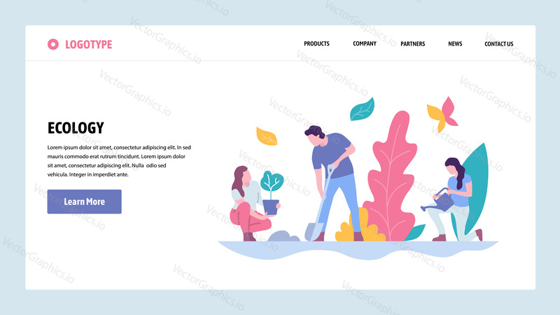 Vector web site gradient design template. People plant tree in a park. Landing page ecology concepts for website and mobile development. Modern flat illustration
