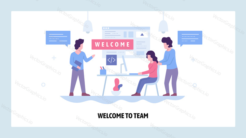 Vector web site design template. Welcome to the team. Business office, teemwork meeting. Landing page concepts for website and mobile development. Modern flat illustration.