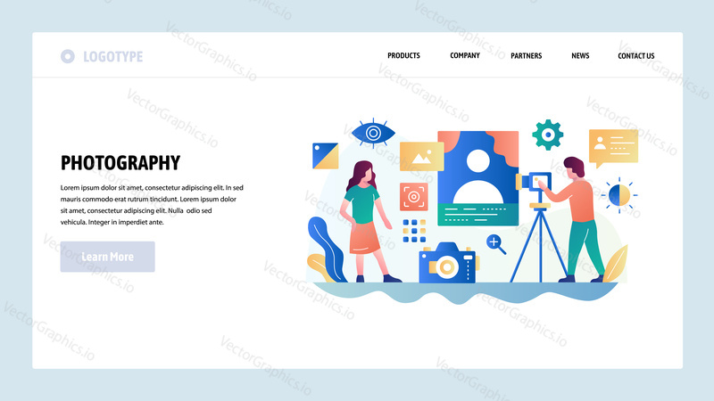 Vector web site design template. Photo studio, photography service, digital camera. Landing page concepts for website and mobile development. Modern flat illustration.