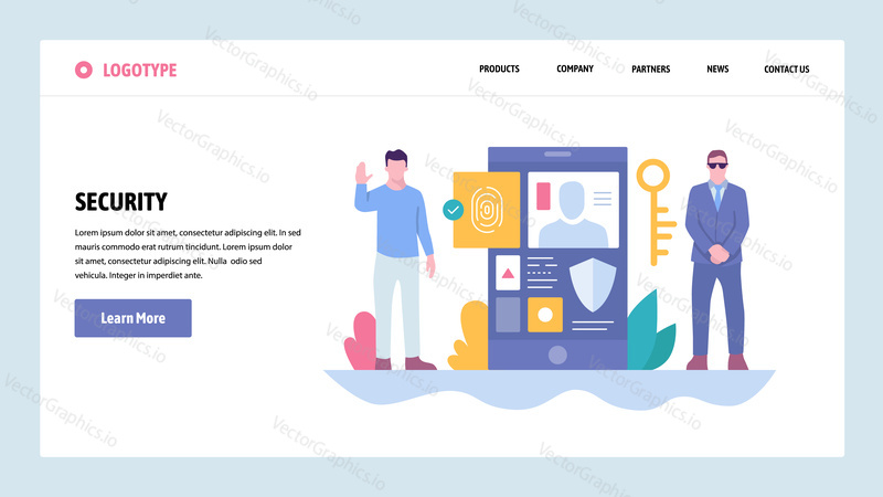Vector web site gradient design template. Cyber security and secure access. Mobile phone fingerprint login. Landing page concepts for website and mobile development. Modern flat illustration