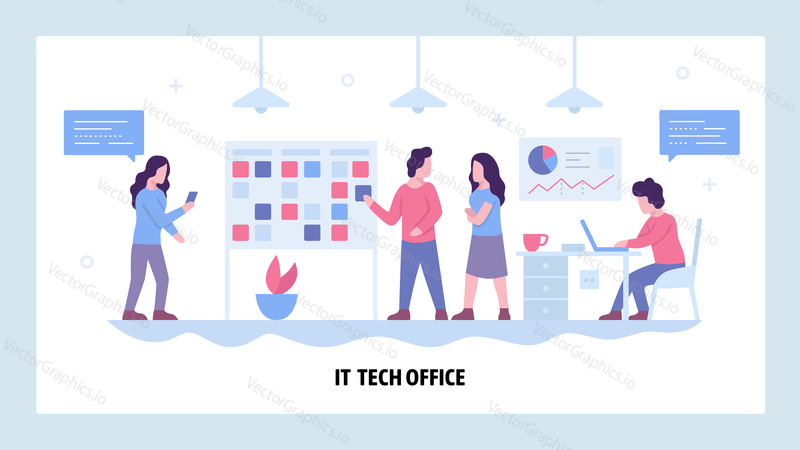 Vector web site design template. Software development company office with scrum board. Agile development, teamwork. Landing page concepts for website and mobile development. Modern flat illustration.