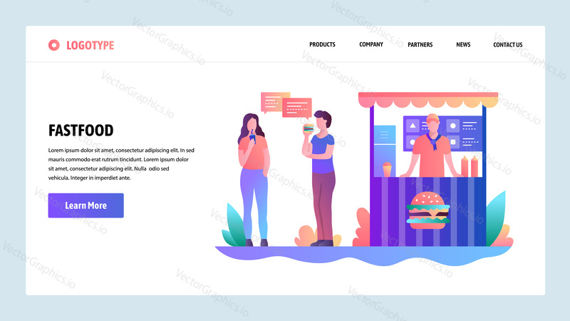 Web site onboarding screens. Fast food stall. People eat lunch on a street. Menu vector banner template for website and mobile app development. Modern design linear art flat illustration