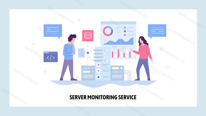 Vector web site design template. Data center server monitoring system. Network and computer performance chart. Landing page concepts for website and mobile development. Modern flat illustration.