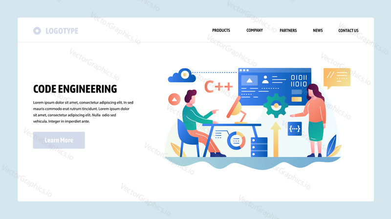 Vector web site design template. Programmer write script in C computer language. Software dvelopment and coding. Landing page concepts for website and mobile development. Modern flat illustration.