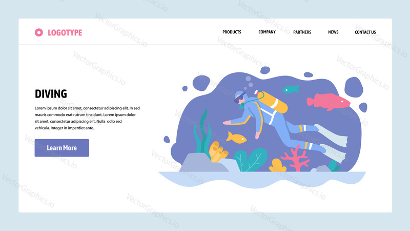 Vector web site gradient design template. Scuba diving. Diver underwater watch sea life. Landing page concepts for website and mobile development. Modern flat illustration