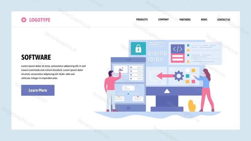 Vector web site gradient design template. Software development and application coding. Saftware engenieer write computer code. Landing page concepts for website and mobile development. Modern flat illustration
