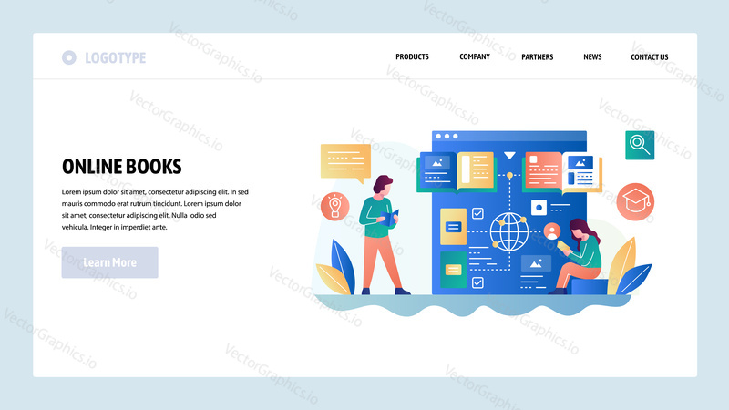 Vector web site design template. Online reading, electronic book, digital library. Landing page concepts for website and mobile development. Modern flat illustration.