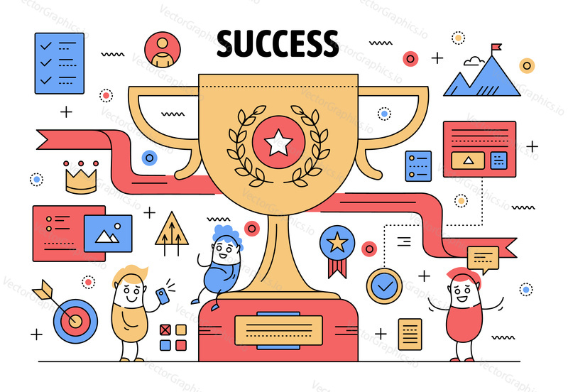 Business success poster banner template. Vector thin line art flat style design with office workers funny cartoon characters, business symbols, icons for website banners and printed materials.