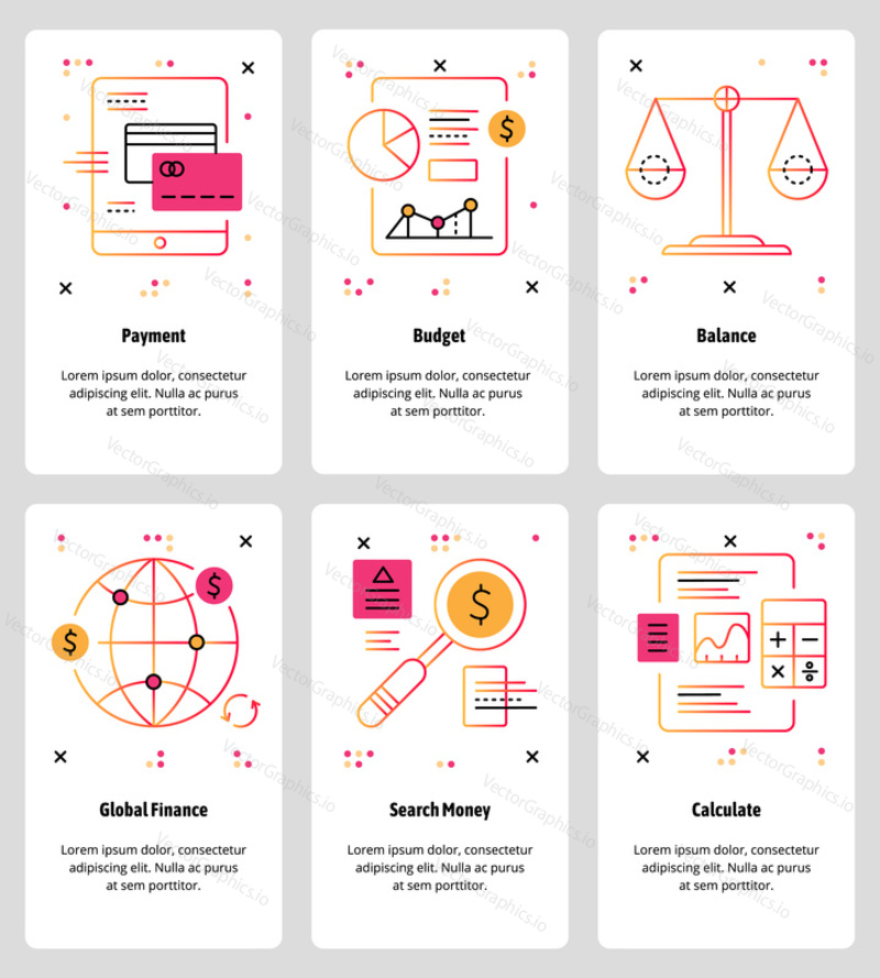 Vector set of mobile app onboarding screens. Payment, Budget, Balance, Global Finance, Search Money, Calculate web templates and banners. Thin line art style design icons for website menu.