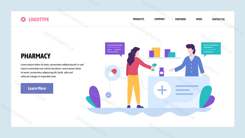 Vector web site design template. Woman buy drugs in pharmacy. Drugstore counter and doctor. Landing page concepts for website and mobile development. Modern flat illustration