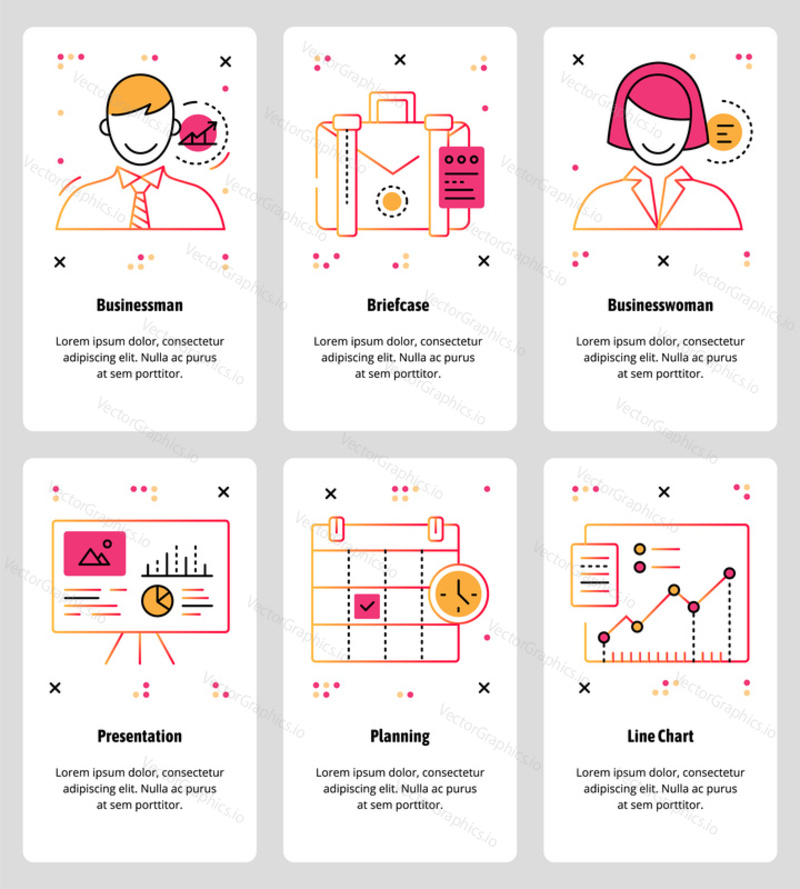 Vector set of mobile app onboarding screens. Businessman, Briefcase, Businesswoman, Presentation, Planning, Line Chart web templates and banners. Thin line art style design icons for website menu.