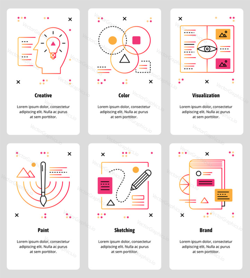 Vector set of mobile app onboarding screens. Creative, Color, Visualization, Paint, Sketching, Brand web templates and banners. Thin line art style design icons for website menu.
