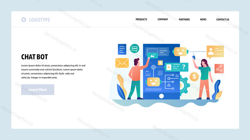 Vector web site design template. Online chat bot, mobile AI robot technology. Landing page concepts for website and mobile development. Modern flat illustration.