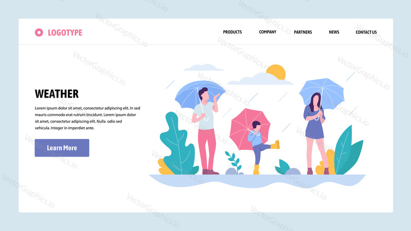 Vector web site gradient design template. Happy family walking in the rain in park. Fall season day. Landing page concepts for website and mobile development. Modern flat illustration