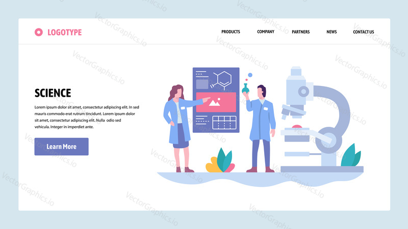 Vector web site gradient design template. Science experiment in a lab. Scientists, microscope, flask. Landing page concepts for website and mobile development. Modern flat illustration