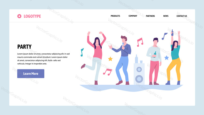 Vector web site gradient design template. People dancing in night club. College student party. Landing page concepts for website and mobile development. Modern flat illustration