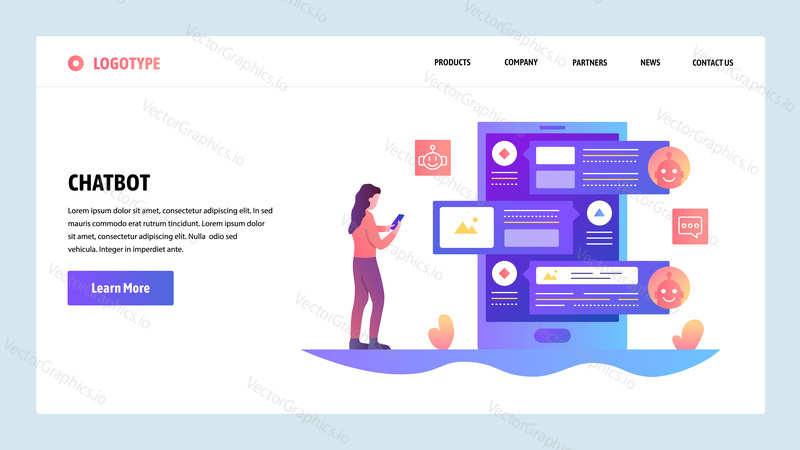 Vector web site design template. AI online chat bot and customer support service. Landing page concepts for website and mobile development. Modern flat illustration