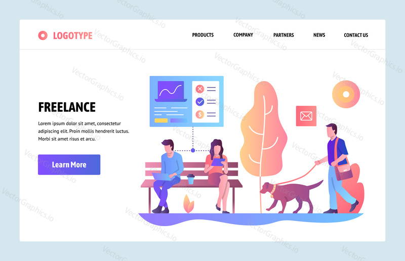Vector web site gradient design template. Freelancers working in a park. People work on laptop and tablet. Landing page concepts for website and mobile development. Modern flat illustration