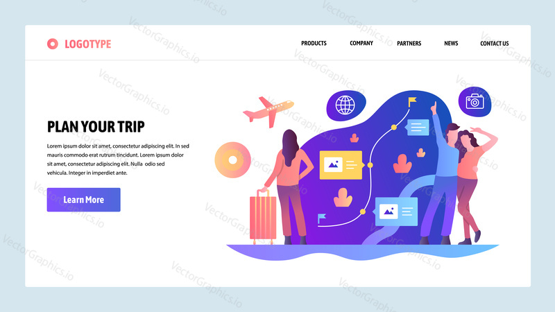 Vector web site design template. Plan your trip and go travel. Route planing and booking. Landing page concepts for website and mobile development. Modern flat illustration
