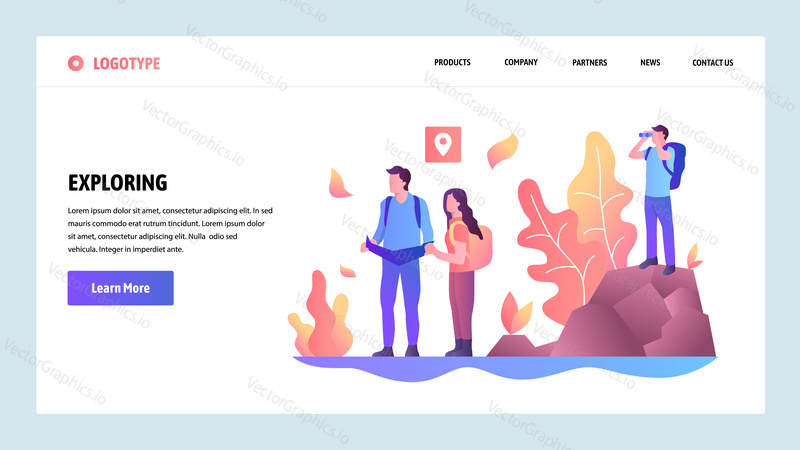 Vector web site design template. Adventure travel and outdoor exploring. Landing page concepts for website and mobile development. Modern flat illustration