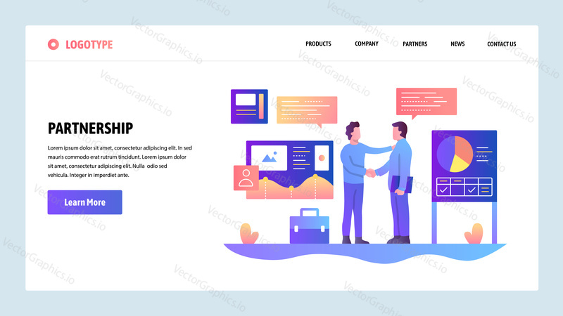 Vector web site design template. Business partnership. Businessmen cut a deal with finance charts on background. Landing page concepts for website and mobile development. Modern flat illustration