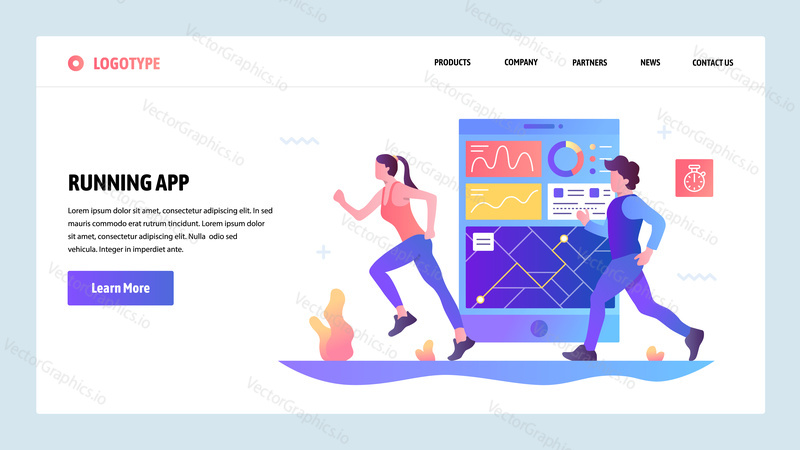 Vector web site gradient design template. Fitness tracker and running mobile phone app. Landing page concepts for website and mobile development. Modern flat illustration