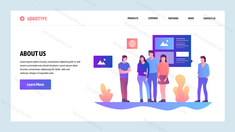 Vector web site design template. About Us company and team information page. Landing page concepts for website and mobile development. Modern flat illustration