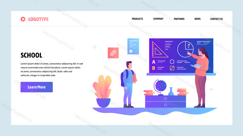 Vector web site design template. School education. Teacher gives lesson to pupil. Landing page concepts for website and mobile development. Modern flat illustration