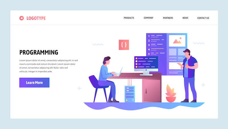 Vector web site gradient design template. Coding and software app development. Landing page concepts for website and mobile development. Modern flat illustration