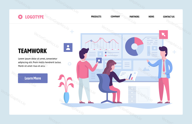 Vector web site linear art design template. Business team working together with finance dashboard in office. Landing page concepts for website and mobile development. Modern flat illustration
