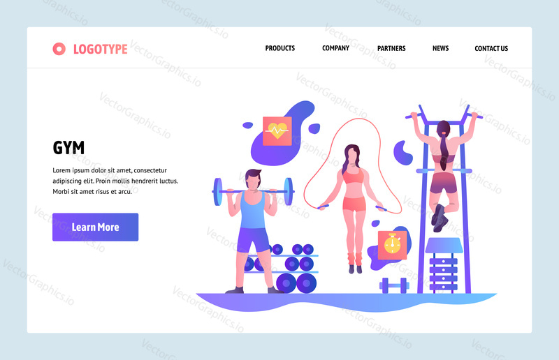 Vector web site linear art design template. People work out in gym. Landing page concepts for fitness sport website and mobile development. Modern flat illustration